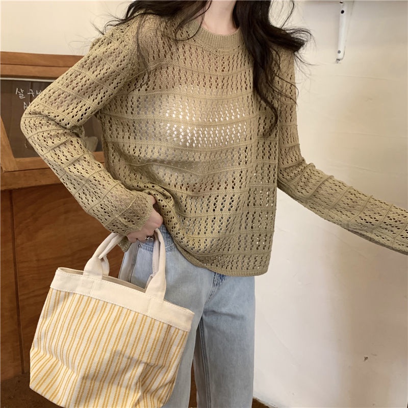 Áo Dệt Kim Tay Dài Cổ Tròn Dáng Rộng Phong Cách Hàn Quốc Thời Trang Mùa Thu Cho Nữ