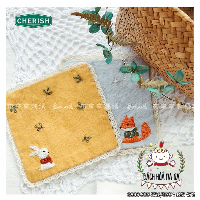 Khăn Tay Vải Cotton Phối Ren Thêu Họa Tiết Kiểu Vintage Dễ Thương Cho Nữ-DIY Gói nguyên liệu thêu khăn tay HOA CỎ-NA NA