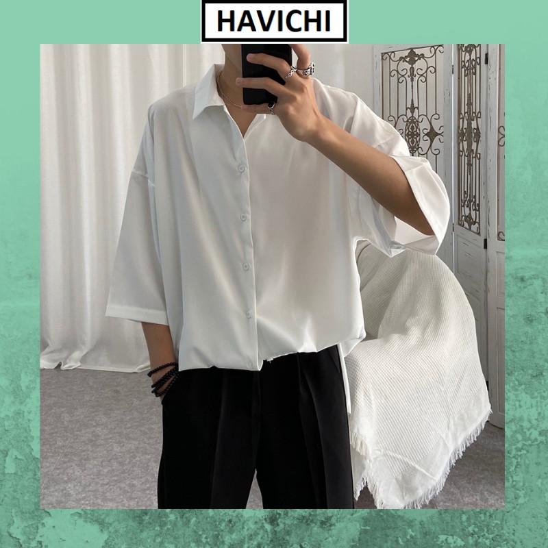 [Freeship] Áo sơ mi nam cổ vest 💚𝐅𝐑𝐄𝐄𝐒𝐇𝐈𝐏💚 đen trắng tay lỡ unisex thoáng mát, không nhăn,mềm mịn Havichi