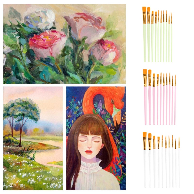 Set 10 Cọ Vẽ Tranh Màu Nước Với Đầu Cọ Bằng Nylon Linh Hoạt Tiện Dụng