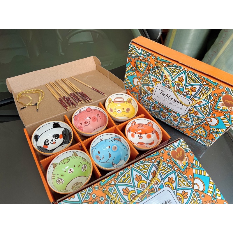 Sỉ 67k- Hộp 6 bát ăn cơm, set bát kèm đũa siêu cute, siêu đáng yêu, quà tặng xinh xắn