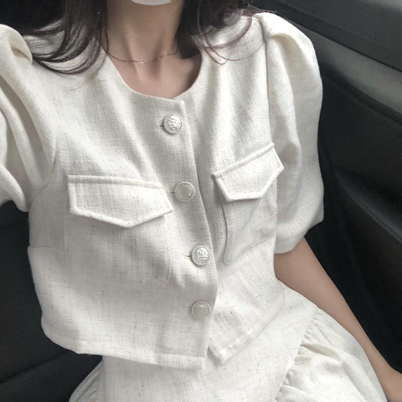 MURIOKI Bộ Đầm Babydoll Tay Phồng Màu Trắng Phong Cách Hàn Quốc 2022 Thanh Lịch Cho Nữ