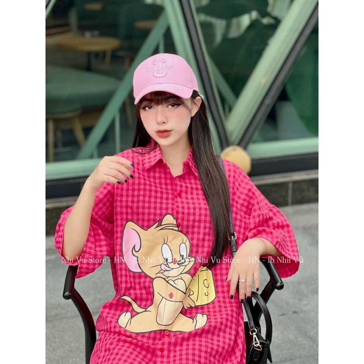 [10.10 Sales Freeship] Đầm sơ mi suông kẻ sọc in hình chuột jerry, đầm sơ mi tay lỡ basic đi chơi dễ thương dx