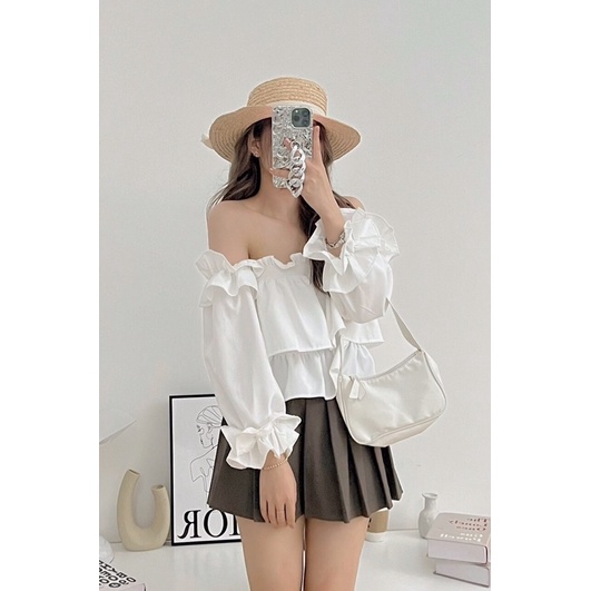 [Ảnh thật/Video]Áo trễ vai trắng Michi xếp tầng xinh xắn