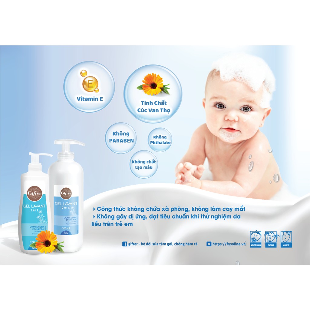 Sữa tắm gội 2in1 GIFRER Gel Lavant 500ml, sữa tắm gội thiên nhiên an toàn cho bé - Monnie Kids