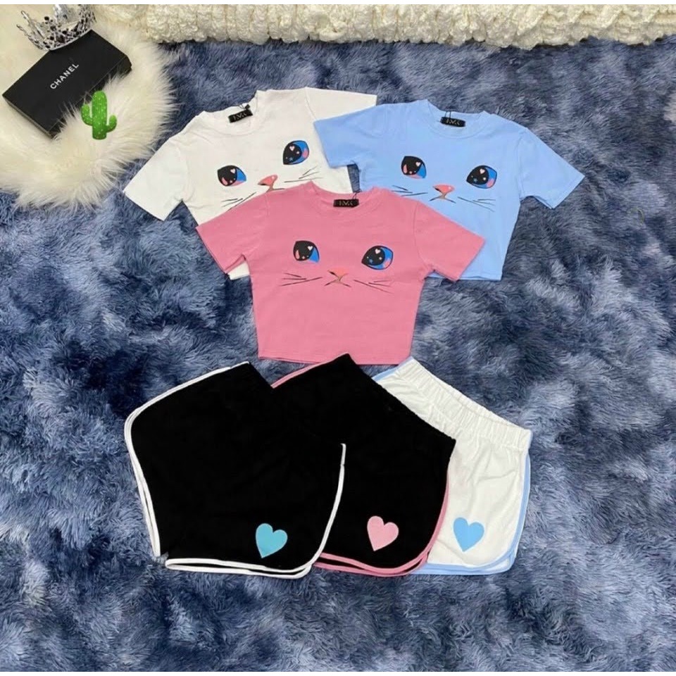 Sét bộ áo croptop in mèo + quần viền chất Borip xịn Cam Kết Hàng Y Hình Kèm Ảnh Thật Chính Chủ ( Size dưới 53kg )