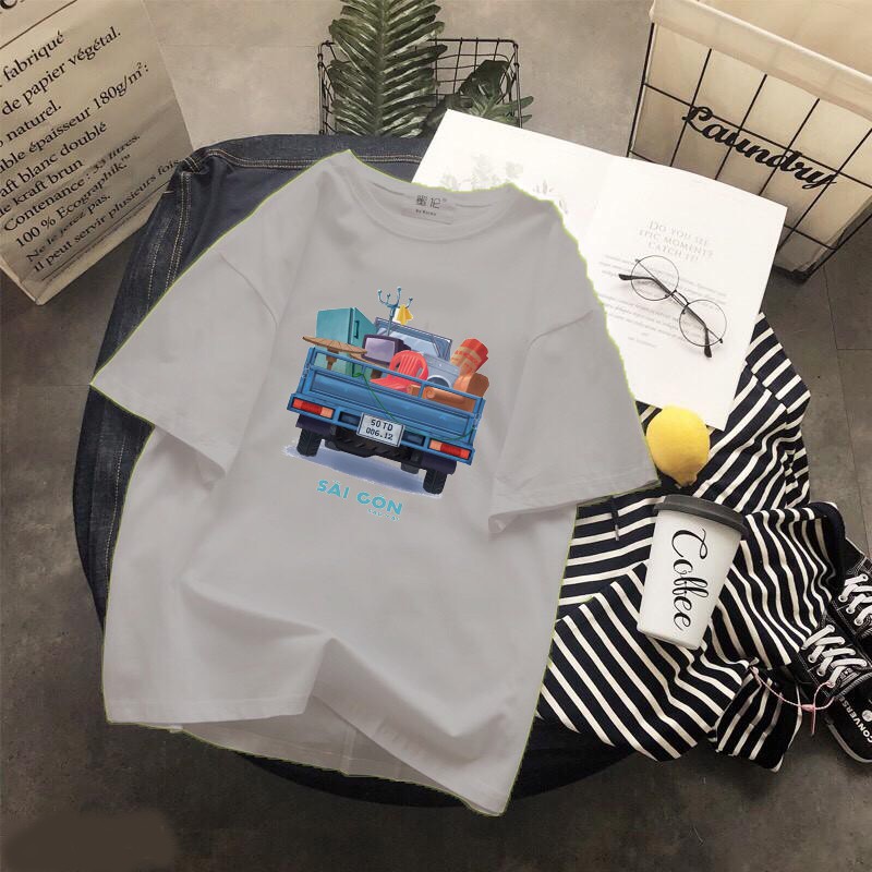Áo thun Cotton Unisex - Việt Nam - Sài gòn - Bộ thiết kế sài gòn sau lưng: xe ba gác
