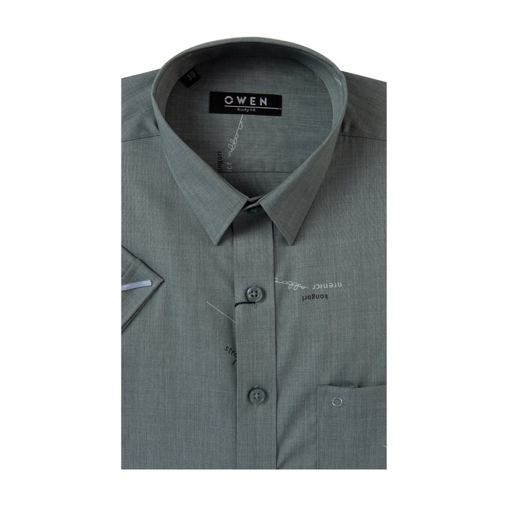 Áo Sơ Mi Nam Ngắn Tay OWEN BA220032NT Somi Công Sở Cao Cấp Màu Rêu In Chữ Trắng Vải Polyester Dáng Suông Tà Bằng Có Túi
