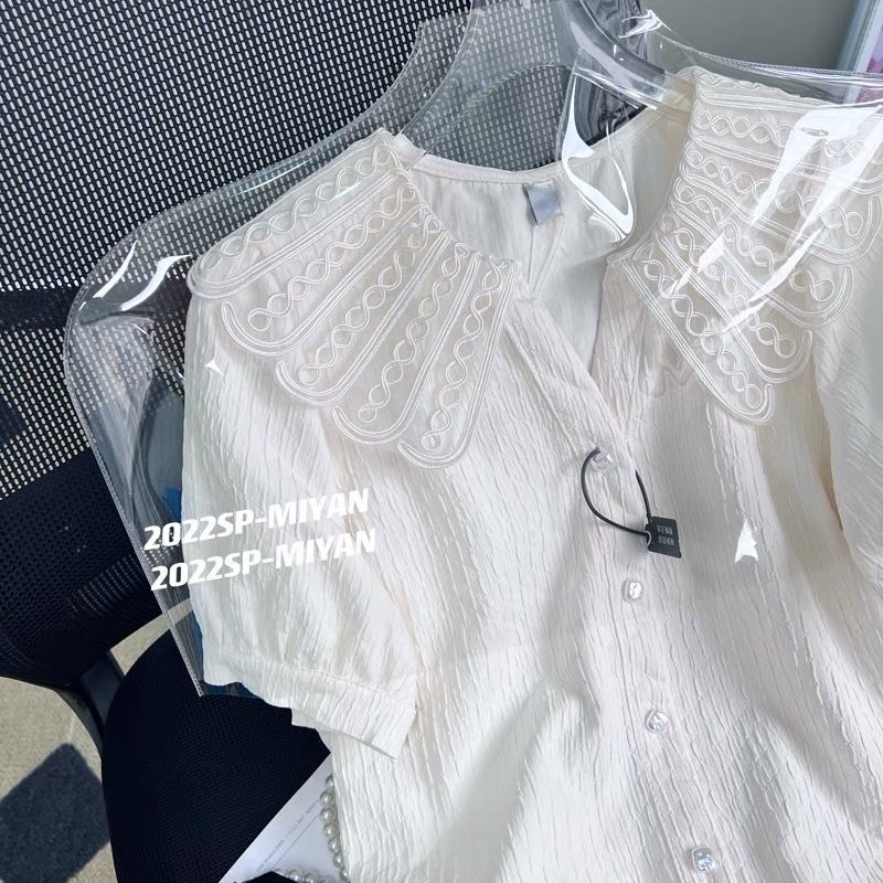 [Juxxi] Áo Chiffon Mỏng Tay Ngắn Cổ Búp Bê Phối Ren Thiết Kế Chất Lượng Cao Cho Nữ  tao bao