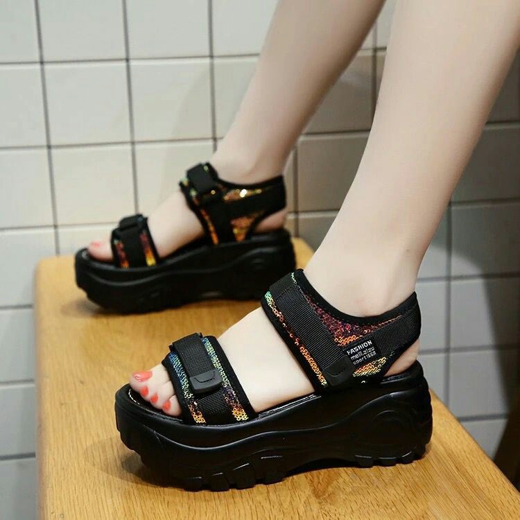 Giày sandal nữ  FREESHIP  Độn đế 5cm 2 quai phối viền BÓNG kim sa SIÊU độn đế hot trend