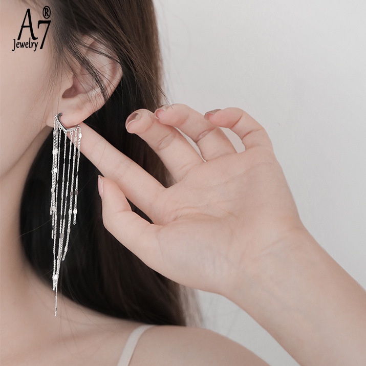 A7| Bông Tai Bạc 925 Dáng Dài Phối Tua Rua Hình Trái Tim Thời Trang X4Y51