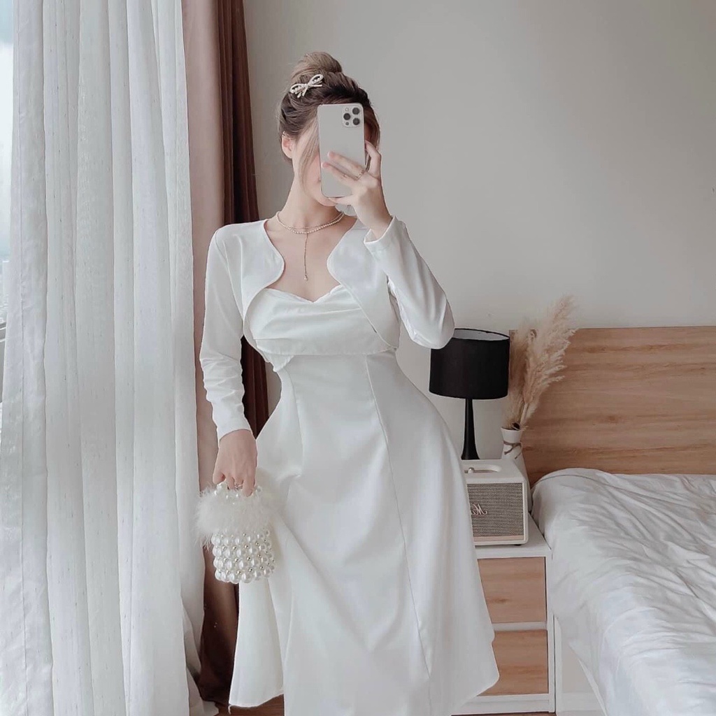 Đầm dáng dài tiểu thư đi dự tiệc cưới, đầm cúp ngực hai dây tôn dáng kèm khoác croptop dài tay
