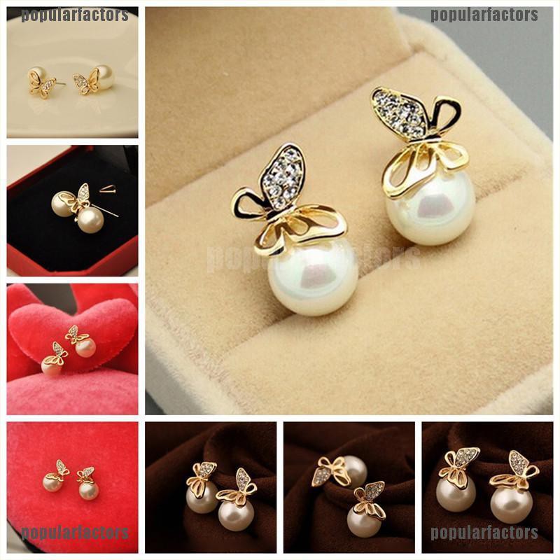 Khuyên tai ngọc trai giả màu vàng hình bướm đính đá pha lê giả thời trang cho nữ