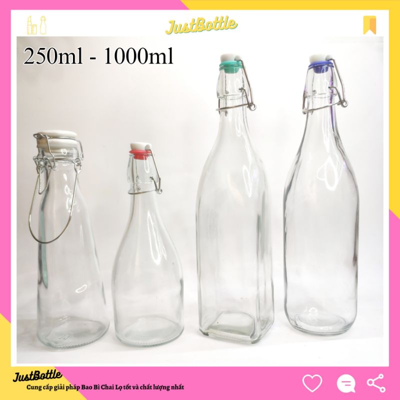 CHAI THỦY TINH có NẮP GÀI dáng Vuông/Tròn/Bầu kín hơi LỌ THỦY TINH nút CÀI nhựa kiểu Ý nhập khẩu 250ml 500ml 1L 1000ml