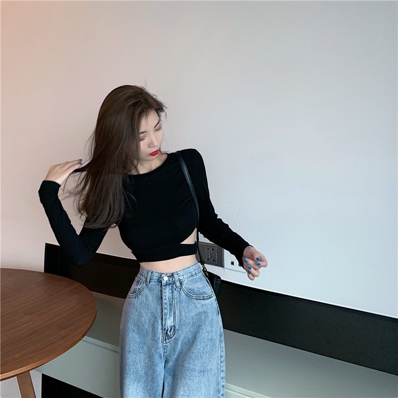 Áo Croptop Khoét Eo Full Đen Trắng Ghi by Hạ Linh Store