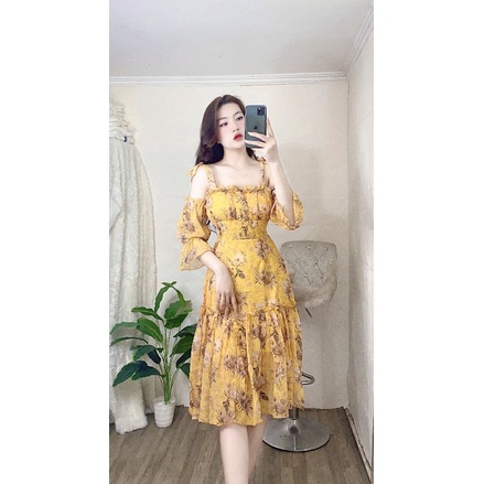 Váy voan tơ hoa dây vai buộc nơ tay đính nách ngực nhúm tiểu thư.