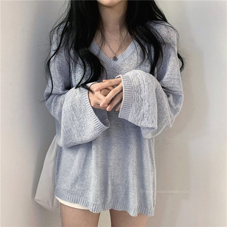 Áo Sweater Tay Dài Dáng Rộng Cổ Chữ V Đáng Yêu Hợp Thời Trang Cho Nữ