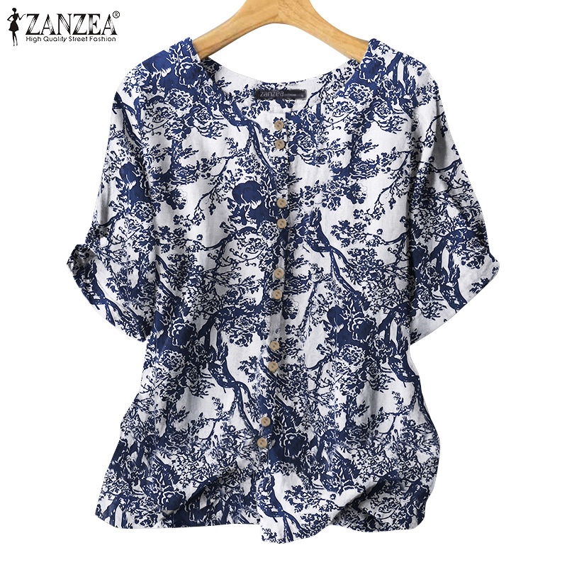 Áo sơ mi ZANZEA ngắn tay cổ tròn dáng rộng phong cách cổ điển cho nữ