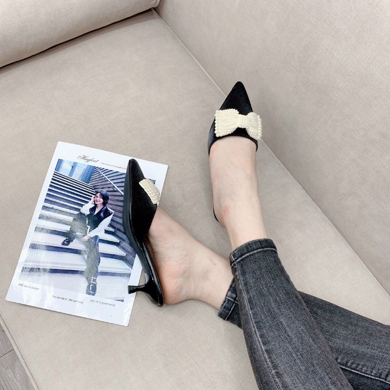 Sục cao gót 3cm đính nơ ngọc