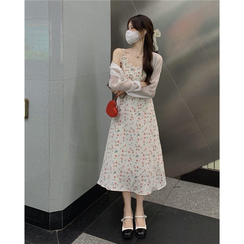 Váy Hai Dây Hoa Nhí, Đầm Hai Dây Hoa Nhí + Áo Khoác Cardigan Mỏng Phong Cách Hàn Quốc | BigBuy360 - bigbuy360.vn
