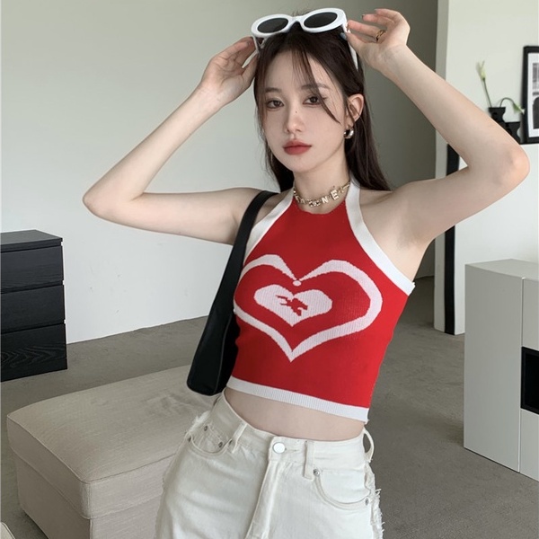 Áo ZHELIHANGFEI hai dây cổ yếm dệt kim họa tiết trái tim xinh xắn thời trang