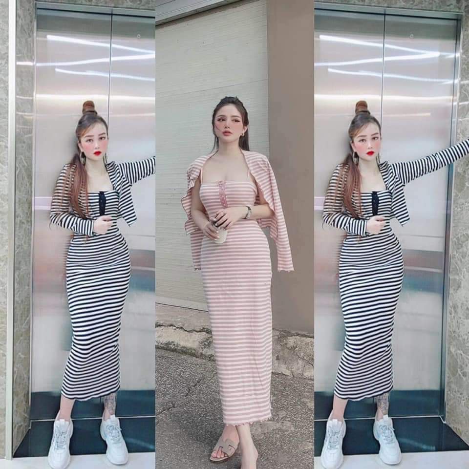 [10.10 Sale Freeship] Set váy body 2 dây kẻ sọc ngang kèm áo khoác ngoài tay dài, đầm ôm dáng suông quyến rũ sexy
