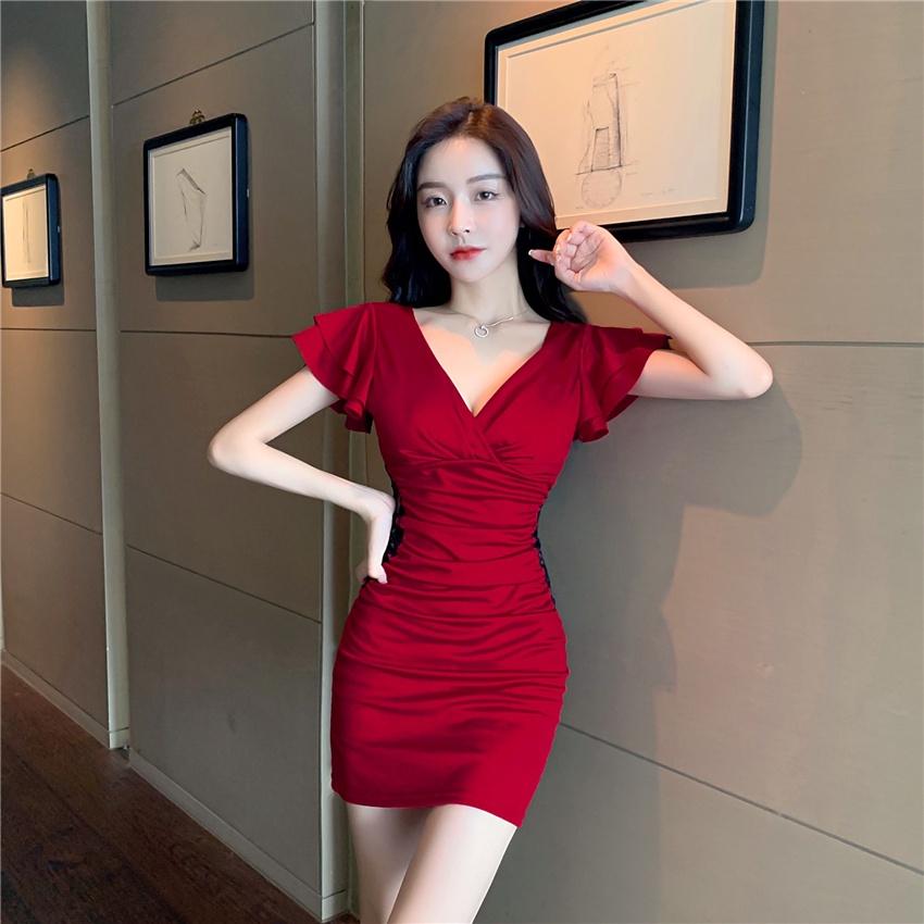 Đầm ôm eo cổ chữ V tay áo cánh tiên phối ren thời trang quyến rũ cho nữ