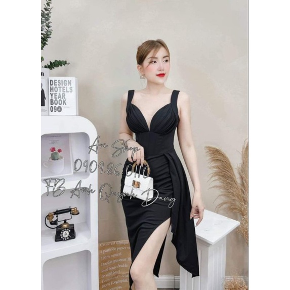 Đầm body tà đổ xẻ ngực phối lưới