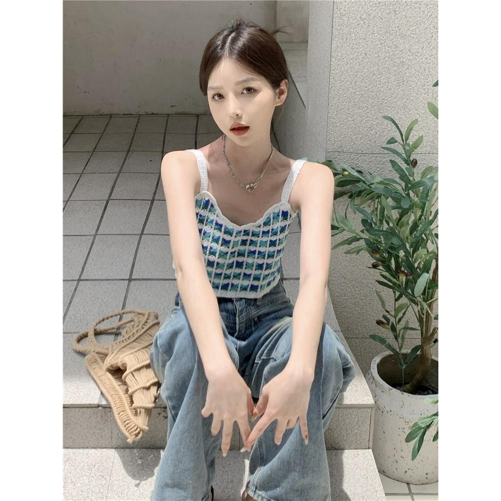 Áo Hai Dây Croptop Họa Tiết Sọc Caro Phong Cách Retro Thời Trang Mùa Hè 62099