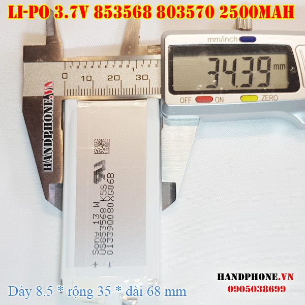 Pin Li-Po 3.7V 2500mAh 853568 803570 (Lithium Polymer) cho điện thoại, Loa Bluetooth, bàn phím Bluetooth, định vị GPS