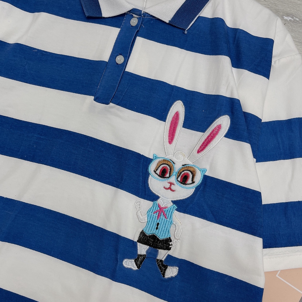 Váy polo kẻ xanh thêu thỏ chất cotton mát mẻ - Hàng có sẵn - Xưởng may Lộc Vân