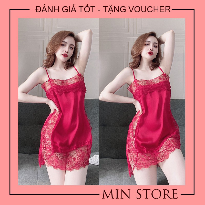 Váy ngủ 2 dây sexy gợi cảm xuyên thấu lụa satin phối ren mi cao cấp V006 - Min Store | BigBuy360 - bigbuy360.vn