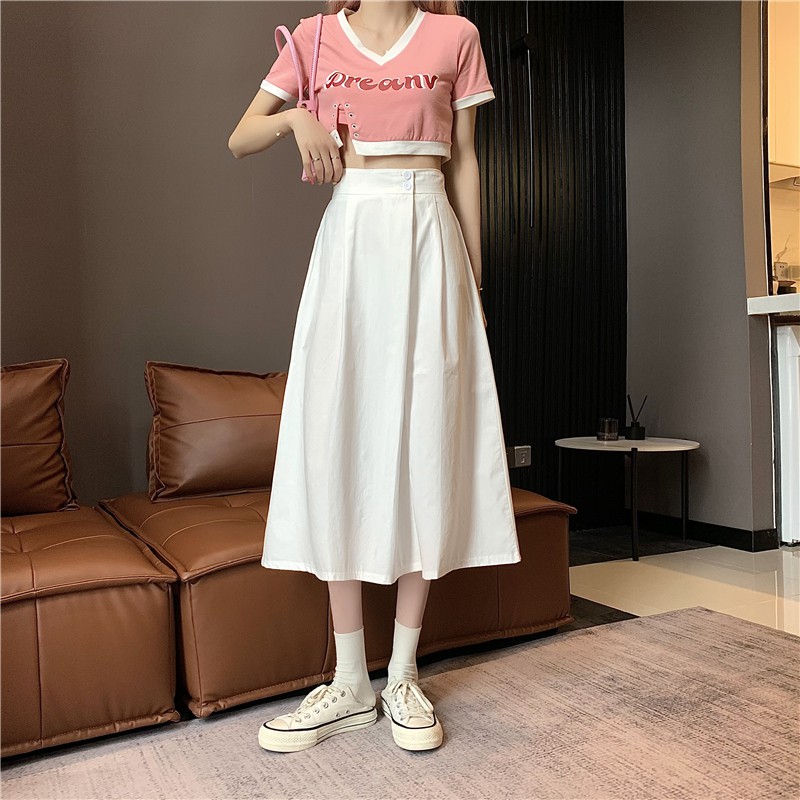 Xiaozhainv Korean high waist all-match pure color midi A-form skirt fashion women