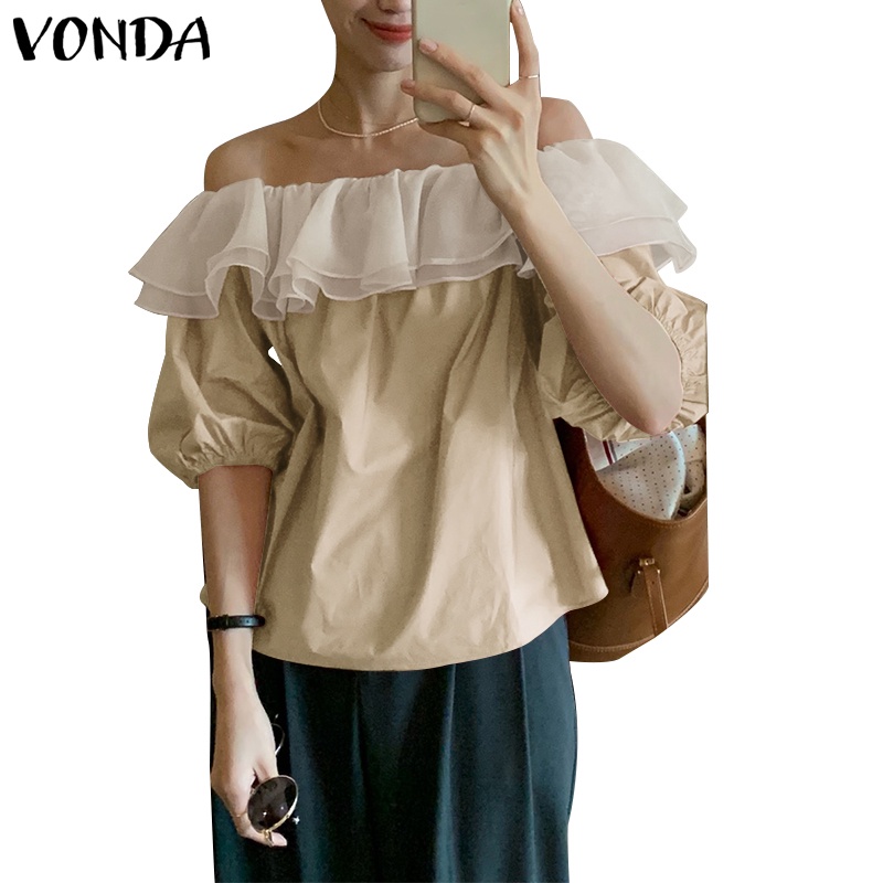 Áo trễ vai VONDA tay lỡ xếp ly đắp ren bèo màu trơn phong cách Hàn Quốc thời trang mùa hè cho nữ