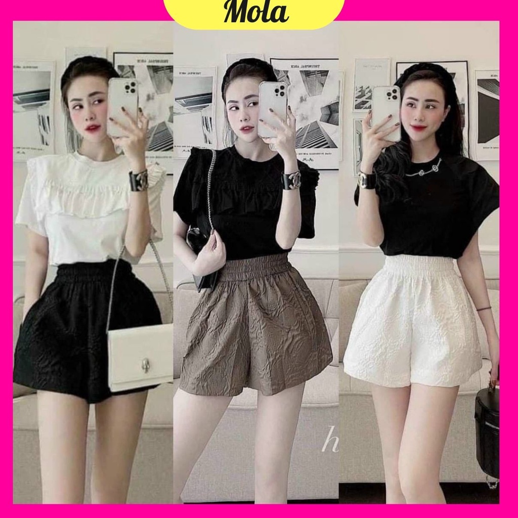 Quần Short Đùi Nữ Dập Nổi 3D Xốp Phồng MOLA Cao Cấp Short Ống Rộng Sọt Lưng Thun Cạp Cao Sooc Ngắn Unisex Trắng Đen Xám