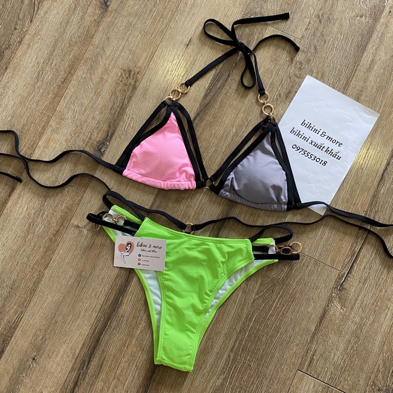 [BKN1350] &lt;ÂU&gt; SET BIKINI HỒNG TÍM QUẦN XANH NEON KHUY TRÒN