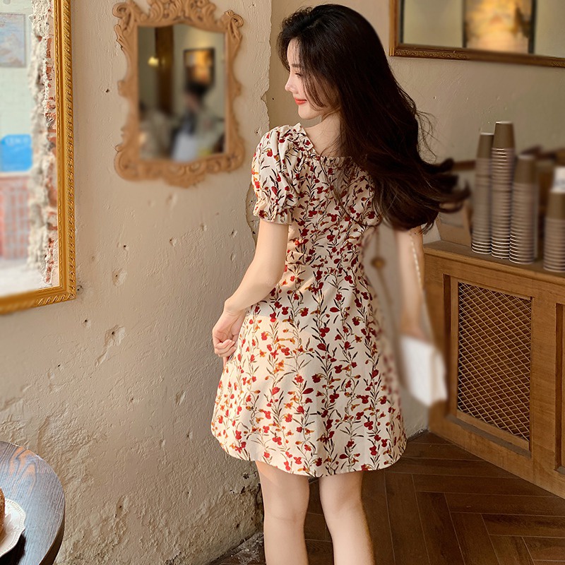 Đầm Tay Ngắn Chiết Eo In Hoa Phong Cách Hàn Quốc Xinh Xắn Cho Nữ