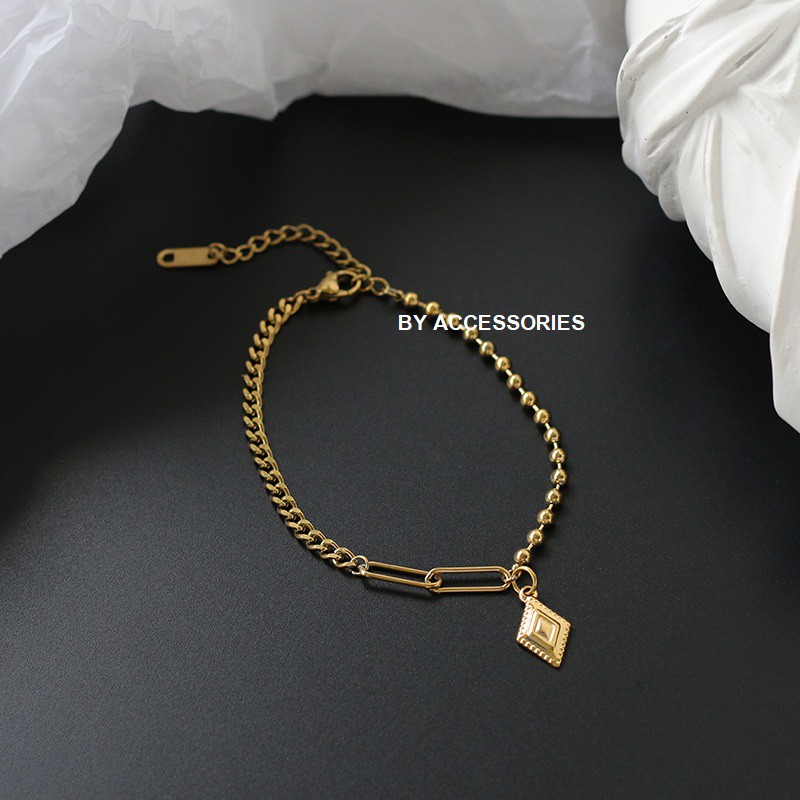 Lắc tay titan xích và bi tròn phối mặt hình thoi không gỉ