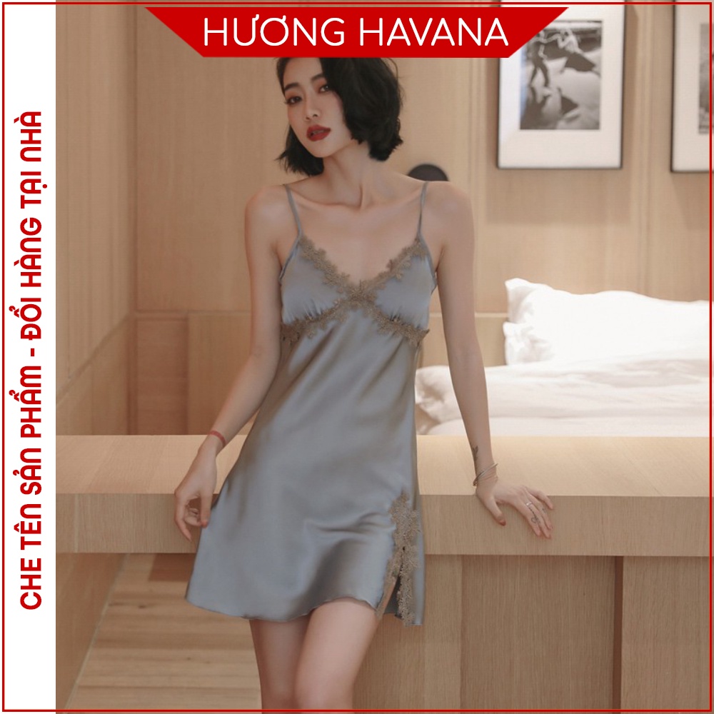 Váy ngủ lụa satin kiểu đơn giản - Có đệm ngực - Đầm ngủ cao cấp Havana FVN09