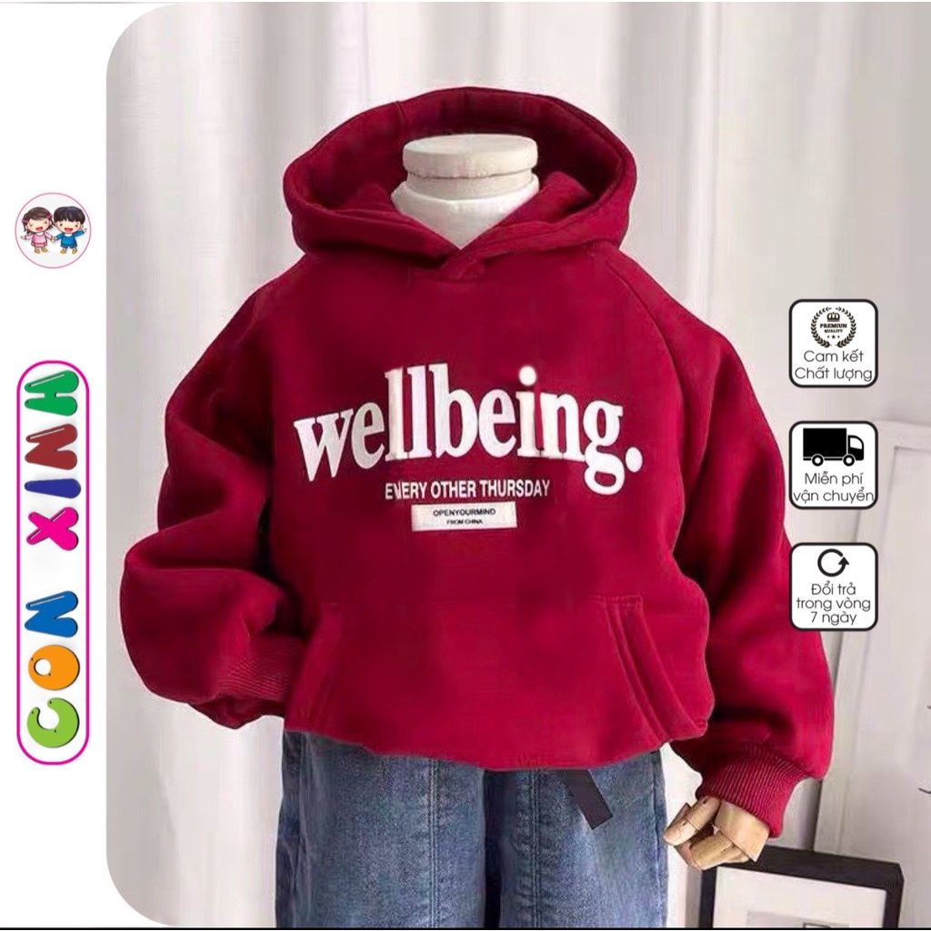 Áo hoodie nỉ bé trai Con Xinh phom rộng in chữ Wellbeing, thời trang thu đông dành cho bé từ 4 đến 10 tuổi