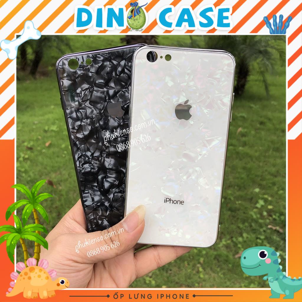 Ốp Lưng Kính Cường Lực Vân Đá Siêu Bền- Viền Silicon Đồng Màu Iphone 6 đến ProMax Dino Case