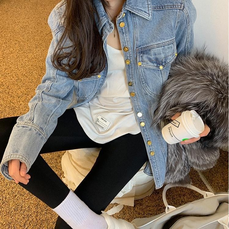 Áo khoác Denim dài tay phối hàng nút vàng thời trang mùa xuân cho nữ