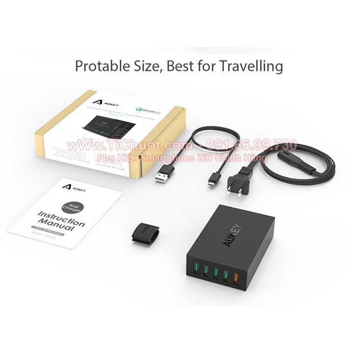 Sạc Nhanh AUKEY PAT1 5 cổng 54W QC 2.0,có kèm cáp 1m
