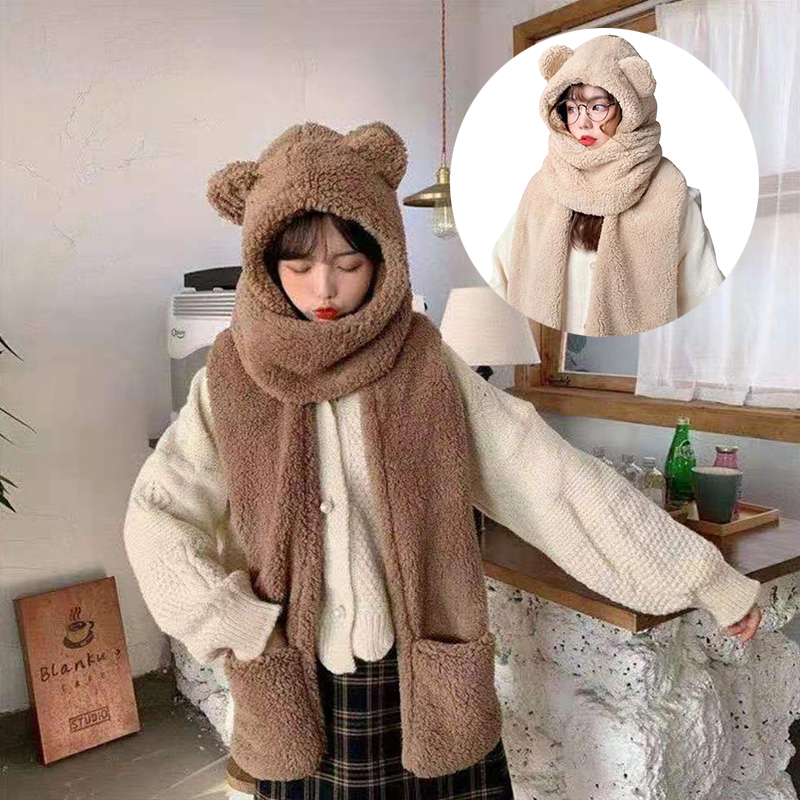 Mũ len phối khăn choàng bằng lông nhung giữ ấm bảo vệ vào mùa thu và đông