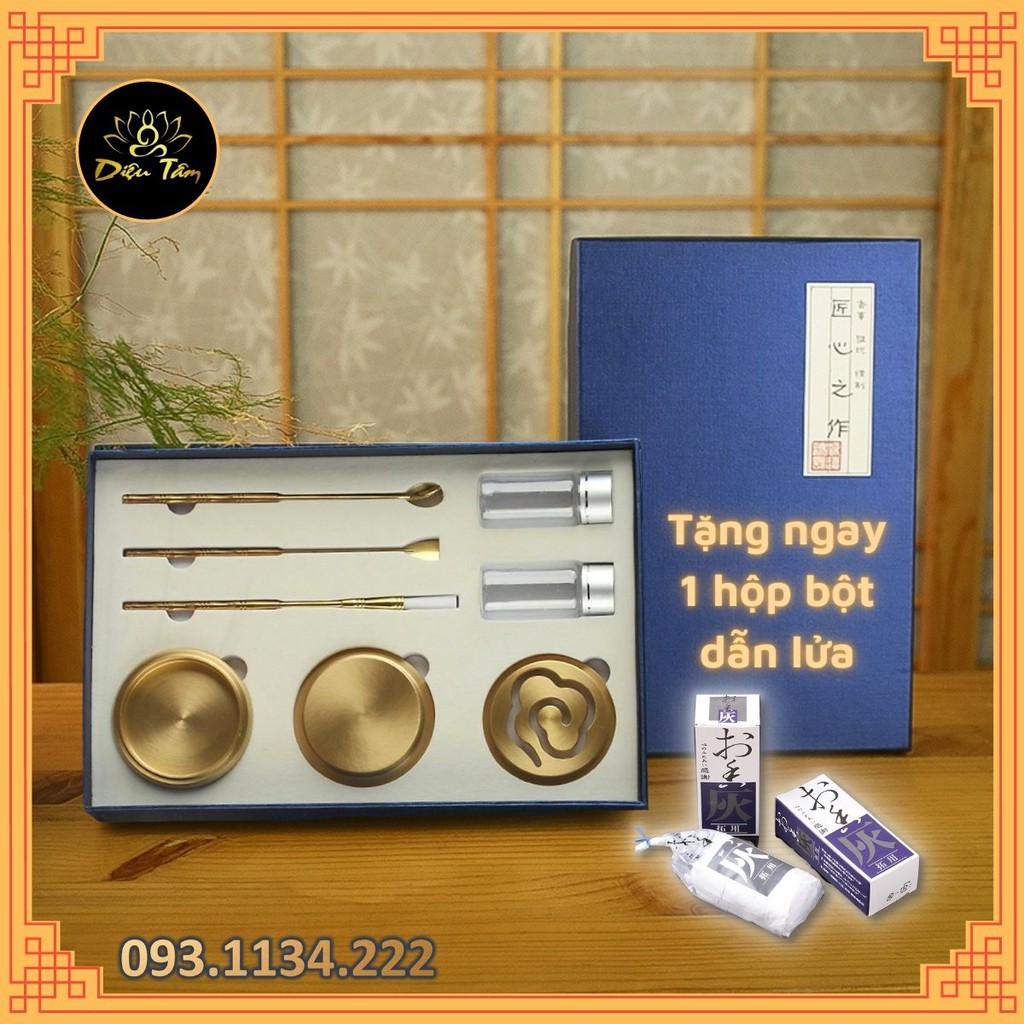 Bộ dụng cụ xông trầm hương bằng đồng vàng nguyên chất ưu đãi tặng kèm bột Nhật dẫn lửa/ khuôn tạo nụ trầm