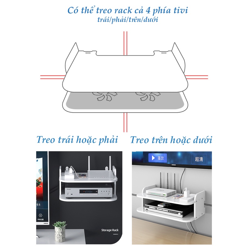 Kệ wifi treo tường, kệ để đầu thu 2 tầng VHR12 bằng gỗ Smartboard màu trắng sang trọng không cần khoan tường