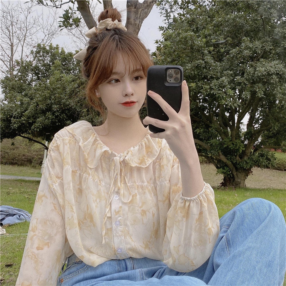 Áo Sơ Mi Tay Dài Cổ Buộc Dây Họa Tiết Hoa Ngọt Ngào Dành Cho Nữ 50180