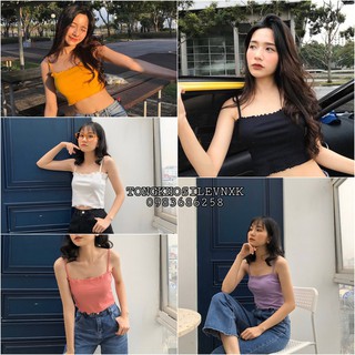 ÁO CROPTOP 2 DÂY CUỐN BIÊN ĐEN TRẮNG VÀNG HỒNG TÍM - CROPTOP LEN TĂM NHÚN VIỀN BÈO NHIỀU MÀU