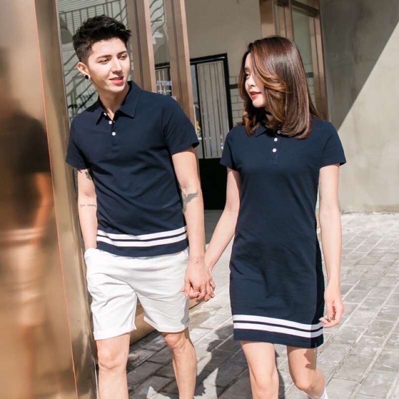 Áo đôi: Đầm thun nữ form suông + Áo thun nam cổ bẻ