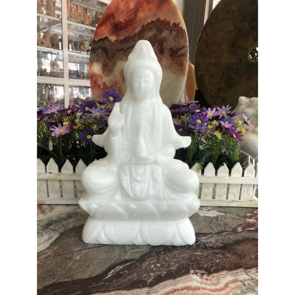 Tượng Phật Bà Quan Thế Âm Bồ Tát ngồi đài sen cầu bình an đá trắng - Cao 30 cm